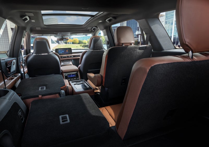 The interior of the 2025 Lincoln Aviator® SUV is shown with two seats folded down for added space. | Lincoln Demo 2 in Wooster OH